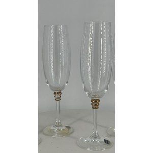 2 Elegant CRYSTAL Champagne Flute w/ 3 Gold Ring on Stem, Beautiful Boho Crystal